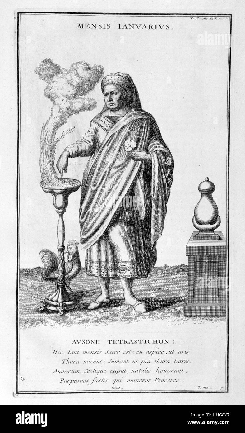 Januar als römischer Konsul Beleuchtung einen Altar zu Janus dargestellt. Abbildung aus dem Anhang zu "L'Antiquité representée expliquée et en Zahlen"; (bde. 1-15, Paris, 1719-1724) von Dom Bernard de Montfaucon, (1655-1741), ein französischer Benediktiner Mönch. Er ein kluger Gelehrter war, der die Disziplin der Paläographie gegründet, er wird als einer der Begründer der modernen Archäologie betrachtet. Stockfoto