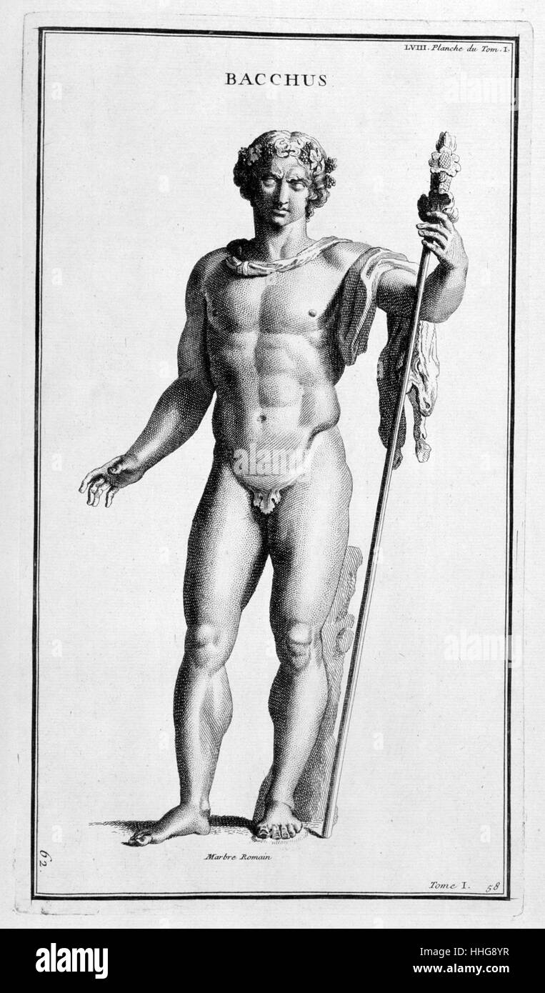 Bacchus Gott des Weins, nachdem eine römische Statue. Abbildung aus dem Anhang zu "L'Antiquité representée expliquée et en Zahlen"; (bde. 1-15, Paris, 1719-1724) von Dom Bernard de Montfaucon, (1655-1741), ein französischer Benediktiner Mönch. Er ein kluger Gelehrter war, der die Disziplin der Paläographie gegründet, er wird als einer der Begründer der modernen Archäologie betrachtet. Stockfoto