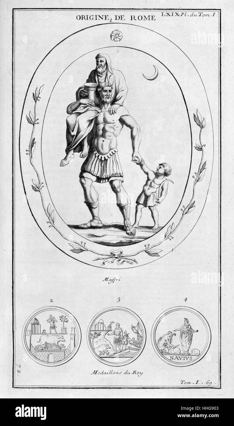 Aeneas seinen Vater, wie er die Zerstörung von Troja flieht. Aeneas war ein Trojaner Held und ein Vorfahre von Romulus und Remus. Er wurde der erste wahre Helden von Rom. Abbildung aus dem Anhang zu "L'Antiquité representée expliquée et en Zahlen"; (bde. 1-15, Paris, 1719-1724) von Dom Bernard de Montfaucon, (1655-1741), ein französischer Benediktiner Mönch. Er ein kluger Gelehrter war, der die Disziplin der Paläographie gegründet, er wird als einer der Begründer der modernen Archäologie betrachtet. Stockfoto