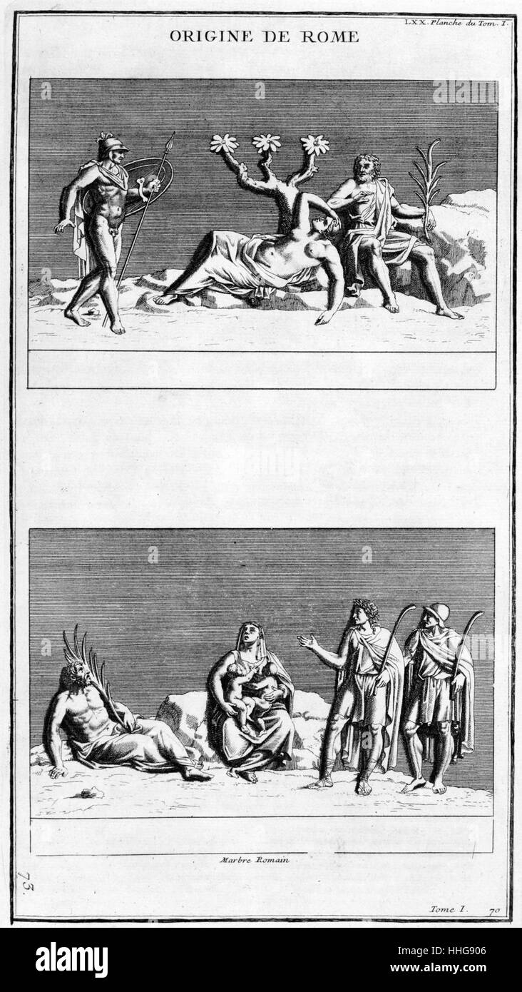 Darstellung von Romulus und Remus, dem legendären Gründer des antiken Roms. Abbildung aus dem Anhang zu "L'Antiquité representée expliquée et en Zahlen"; (bde. 1-15, Paris, 1719-1724) von Dom Bernard de Montfaucon, (1655-1741), ein französischer Benediktiner Mönch. Er ein kluger Gelehrter war, der die Disziplin der Paläographie gegründet, er wird als einer der Begründer der modernen Archäologie betrachtet. Stockfoto