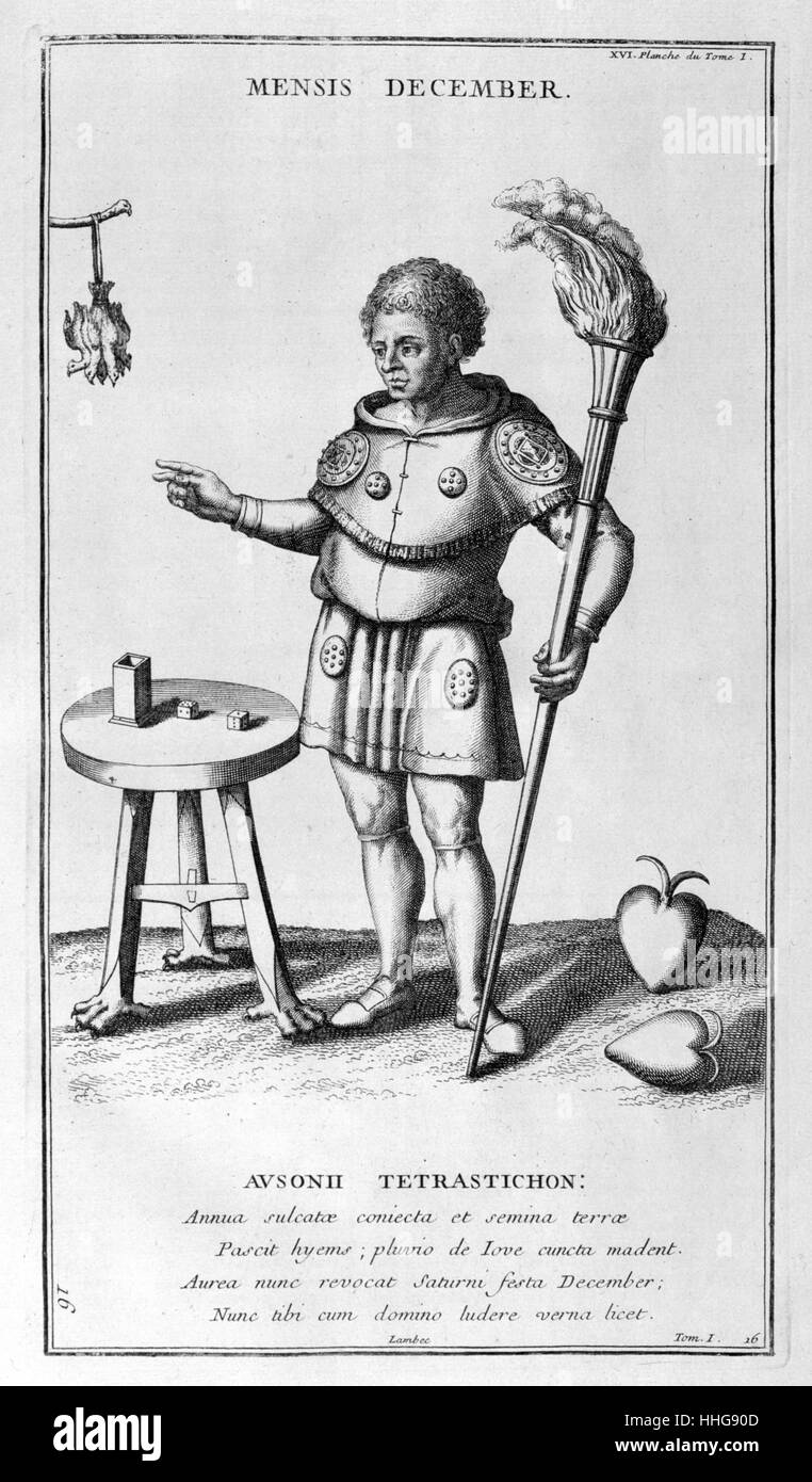 Darstellung der Dezember als Mann in der Rüstung; möglicherweise ein Sklave. Abbildung aus dem Anhang zu "L'Antiquité representée expliquée et en Zahlen"; (bde. 1-15, Paris, 1719-1724) von Dom Bernard de Montfaucon, (1655-1741), ein französischer Benediktiner Mönch. Er ein kluger Gelehrter war, der die Disziplin der Paläographie gegründet, er wird als einer der Begründer der modernen Archäologie betrachtet. Stockfoto