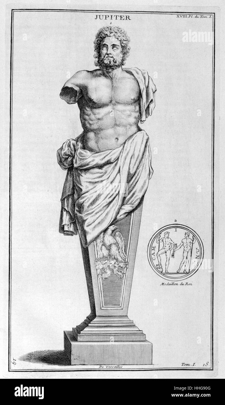 Darstellung des Gottes Jupiter als Statue von Versailles. Abbildung aus dem Anhang zu "L'Antiquité representée expliquée et en Zahlen"; (bde. 1-15, Paris, 1719-1724) von Dom Bernard de Montfaucon, (1655-1741), ein französischer Benediktiner Mönch. Er ein kluger Gelehrter war, der die Disziplin der Paläographie gegründet, er wird als einer der Begründer der modernen Archäologie betrachtet. Stockfoto