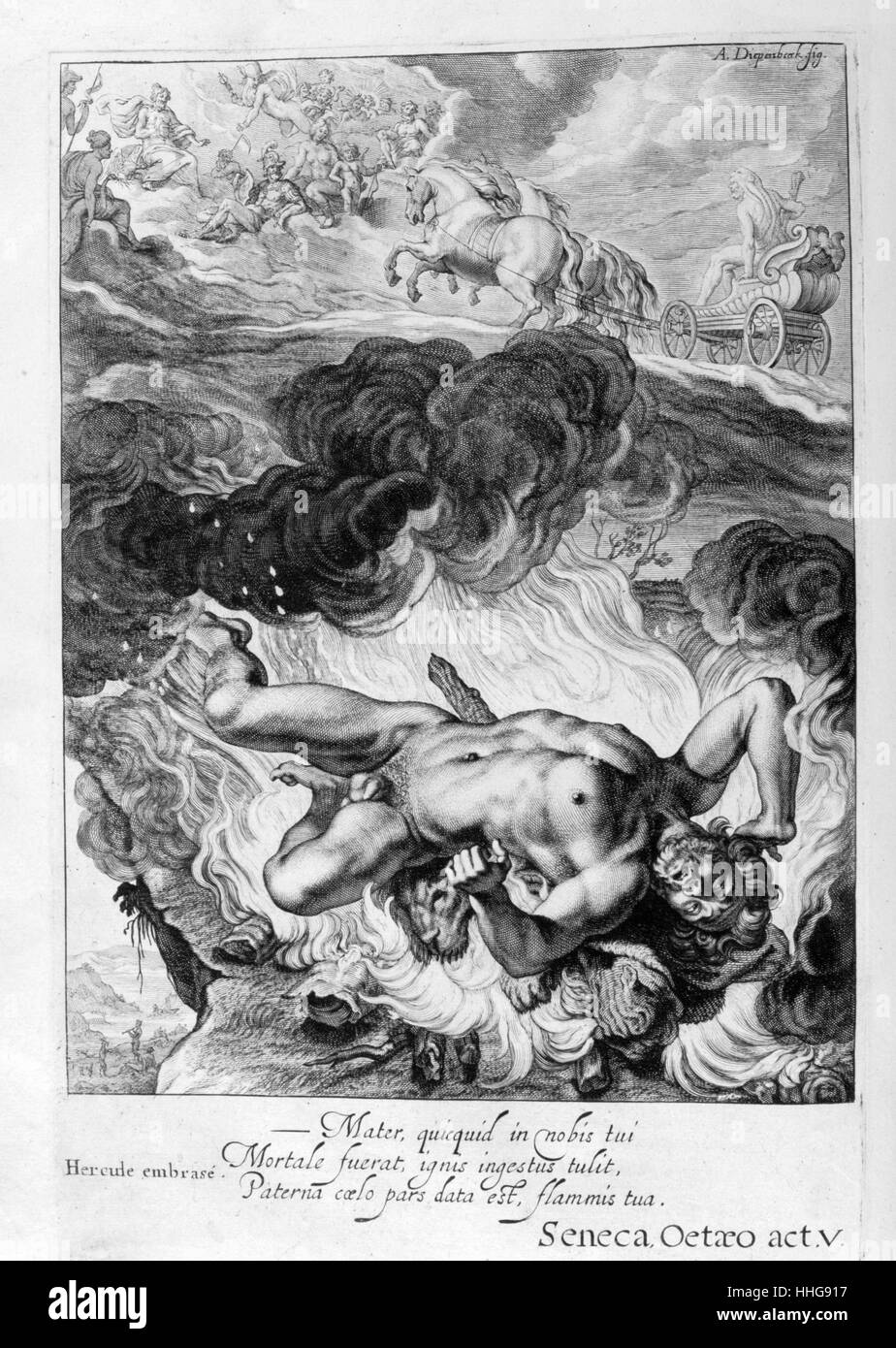Herkules in den Wahnsinn getrieben. Gravur von "Tableaux du Temple des muses" (1655) von Michel de Marolles (1600 - 1681), bekannt als der Abbé de Marolles; eine französische Kirchenmann und Übersetzer. "Hercules furens" (Der Wahnsinn von Hercules) ist eine Tragödie, die das Römische Dramatiker Seneca der Jüngere, in oder vor 54 CE geschrieben. Eng an "Herakles" von Euripides modelliert, das Spiel beschreibt die Geschicke der Halbgott Herkules (Herakles im Griechischen), wie er wütend durch die Göttin Iris und der Furien gesendet wird und tötet seine Frau und seine Kinder. Stockfoto