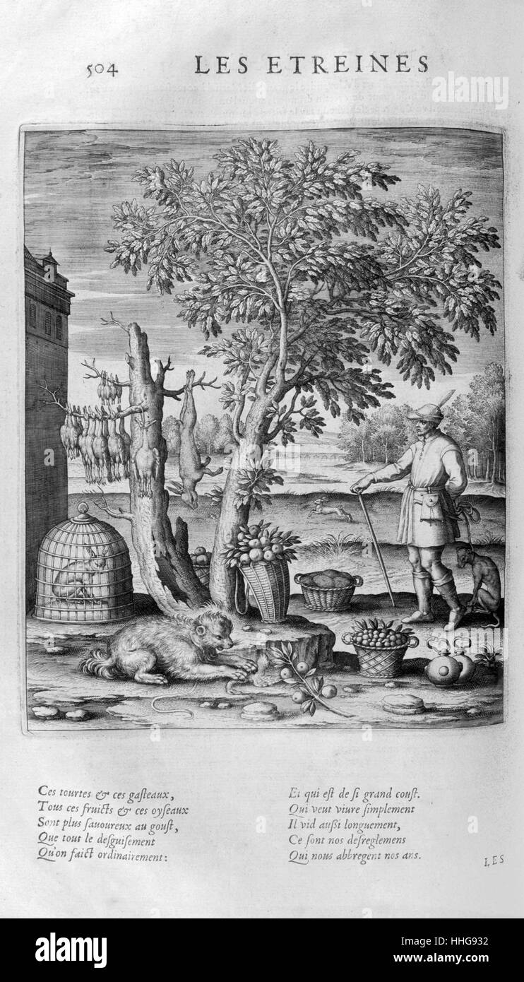 Les Etrennes (Neujahr Geschenke von Jagd und wachsenden Lebensmittel). Platte von Les Bilder Ou Tableaux de Platte Peinture Des Deux Philostrates Sophistes Grecs, von Blaise de Vigenère, Paris, 1615. Gravur ca. 1615, von Leonard Gaultier. Gaultier, oder Galter, war ein französischer Stecher, über 1561 in Mainz geboren und starb in Paris im Jahre 1641. Stockfoto