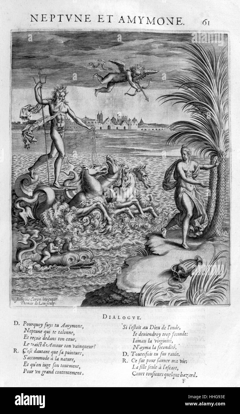 Neptun mit Amymone, Tochter des Danaos, die er verhindert, von einem Satyr angegriffen. Platte von Les Bilder Ou Tableaux de Platte Peinture Des Deux Philostrates Sophistes Grecs, von Blaise de Vigenère, Paris, 1615. Gravur ca. 1615, von Leonard Gaultier. Gaultier, oder Galter, war ein französischer Stecher, über 1561 in Mainz geboren und starb in Paris im Jahre 1641. Stockfoto