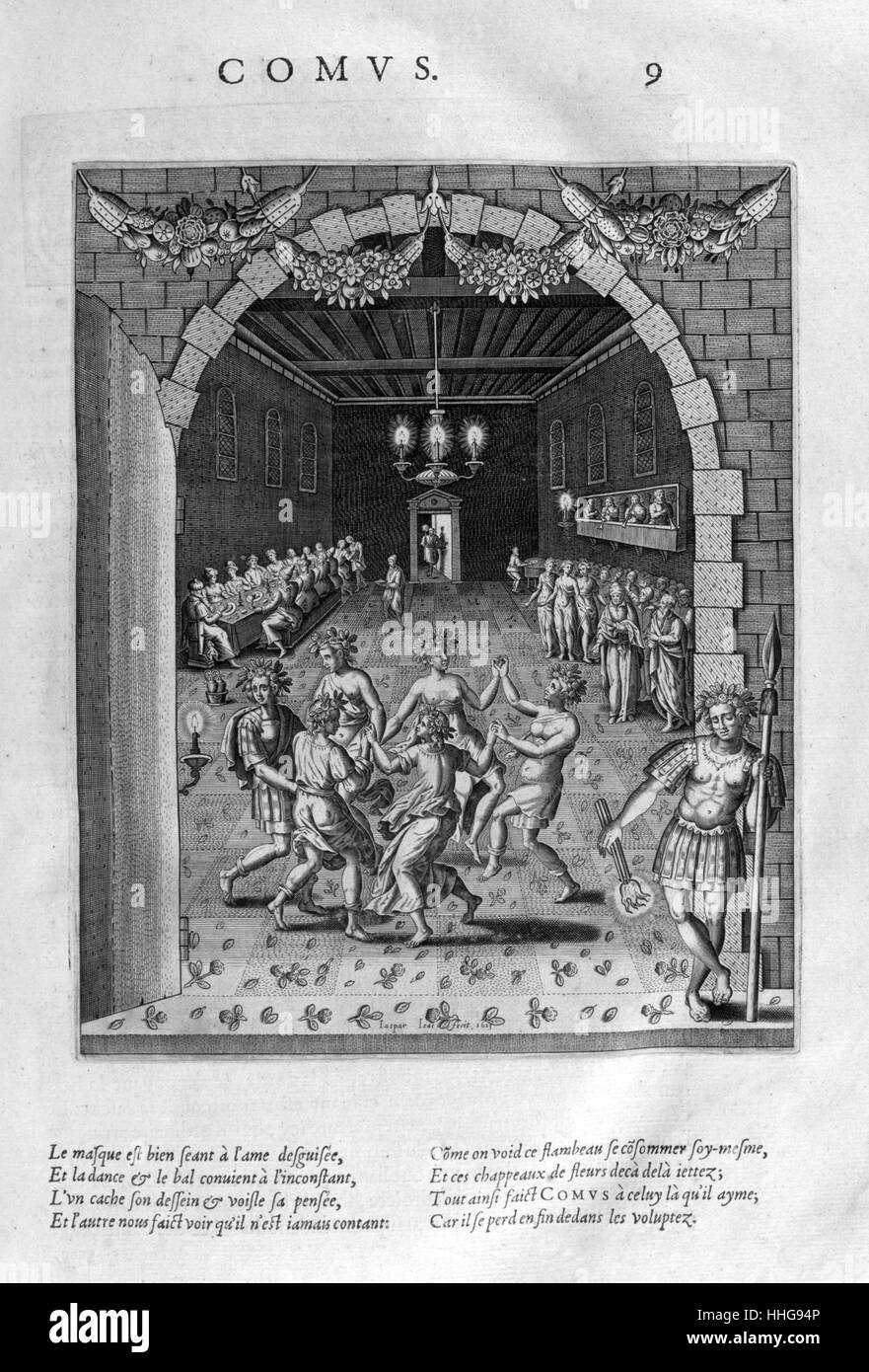 Comus (antike griechische Tragödie des Euripides) auf den Mythos des Hippolyt, Sohn von Theseus. Platte von Les Bilder Ou Tableaux de Platte Peinture Des Deux Philostrates Sophistes Grecs, von Blaise de Vigenère, Paris, 1615. Gravur ca. 1615, von Leonard Gaultier. Gaultier, oder Galter, war ein französischer Stecher, über 1561 in Mainz geboren und starb in Paris im Jahre 1641. In der griechischen Mythologie, Comus war der Gott des Festes, schwelgt und nächtliche Dalliances. Er ist ein Sohn und eine Schale - Träger des Gottes Bacchus Stockfoto