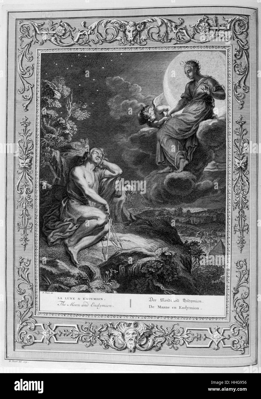 Endymion und der Mond. Gravierte Illustration aus "Der Tempel der Musen", 1733. Stockfoto