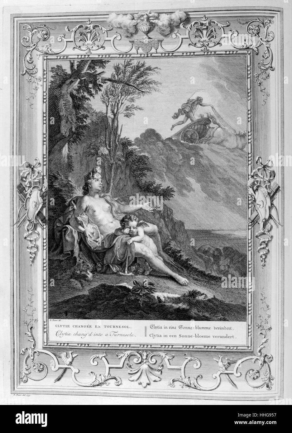 Clythie (Clytie). Gravierte Illustration aus "Der Tempel der Musen", 1733. Stockfoto