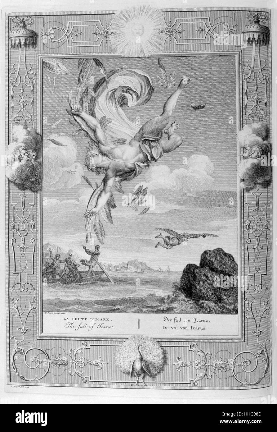 Tod des Ikarus. Gravur von "Musen-Tableaux du Tempel des" (1655) durch Michel de Marolles (1600-1681), bekannt als Abbé de Marolles Stockfoto