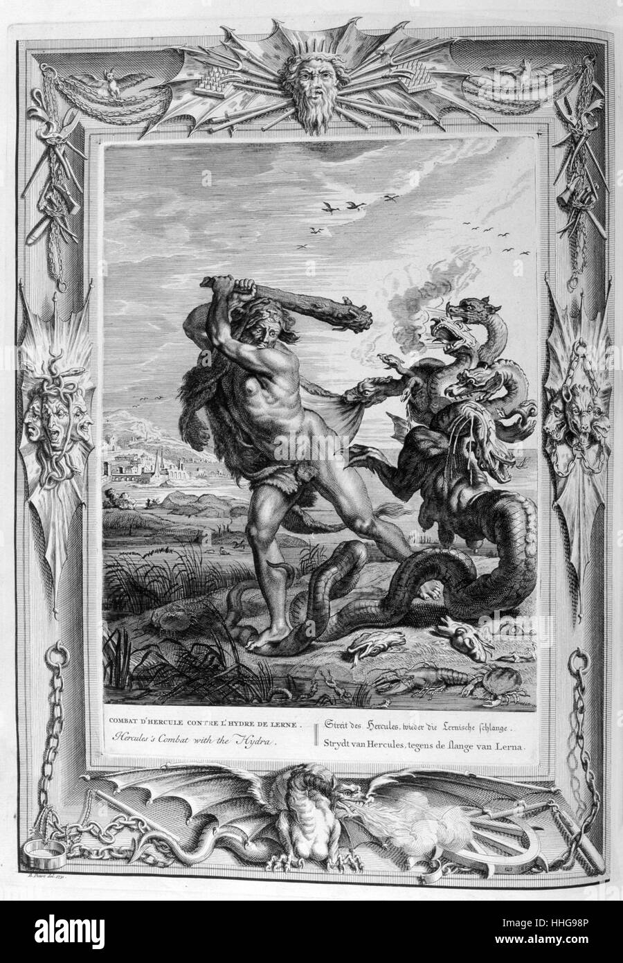 Herkules erschlägt die Hydra. Gravur von "Tableaux du Temple des muses" (1655) von Michel de Marolles (1600 - 1681), bekannt als der Abbé de Marolles; eine französische Kirchenmann und Übersetzer. Der vielköpfigen Hydra oder Hydra, war eine Serpentine Wasser Monster in der griechischen und römischen Mythologie. Die Höhle war der See von Lerna in der Argolid. In dem Mythos, das Monster wird von Herakles getötet, mit Schwert und Feuer, wie das Zweite seiner zwölf Arbeiten. Stockfoto