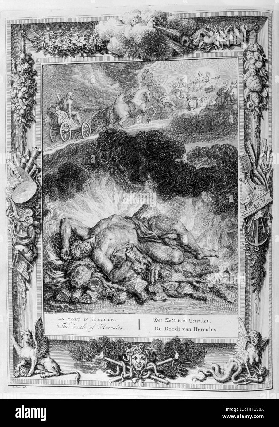 Tod von Hercules. Gravur von "Tableaux du Temple des muses" (1655) von Michel de Marolles (1600 - 1681), bekannt als der Abbé de Marolles; eine französische Kirchenmann und Übersetzer. Stockfoto