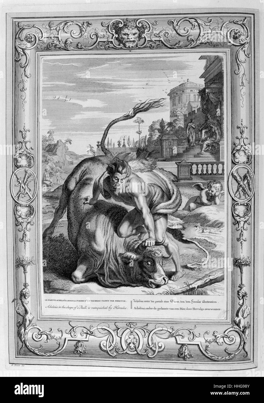 Der Stier ist von Hercules getötet. Gravur von "Tableaux du Temple des muses" (1655) von Michel de Marolles (1600 - 1681), bekannt als der Abbé de Marolles; eine französische Kirchenmann und Übersetzer. Stockfoto