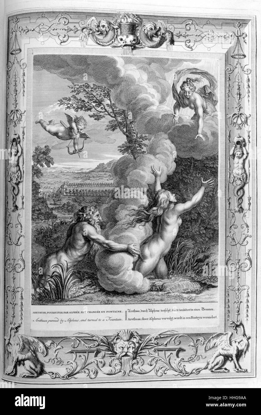 Arethusa, graviert Abbildung von der "Tempel der Musen", 1733. Dieses Buch vertreten bemerkenswerte Ereignisse der Antike erstellt und von Bernard Picart graviert (1673-1733). Arethusa. Gravur von "Tableaux du Temple des muses" (1655) von Michel de Marolles (1600 - 1681), bekannt als der Abbé de Marolles; eine französische Kirchenmann und Übersetzer. Laut Pausanias, Alpheius war ein leidenschaftlicher Jäger und verliebte sich in die Nymphe Arethusa, aber sie floh vor ihm auf der Insel Ortygia in der Nähe von Syrakus, und verwandelt sich in einen Gut, nach dem Alpheius wurde ein Fluss, Stockfoto