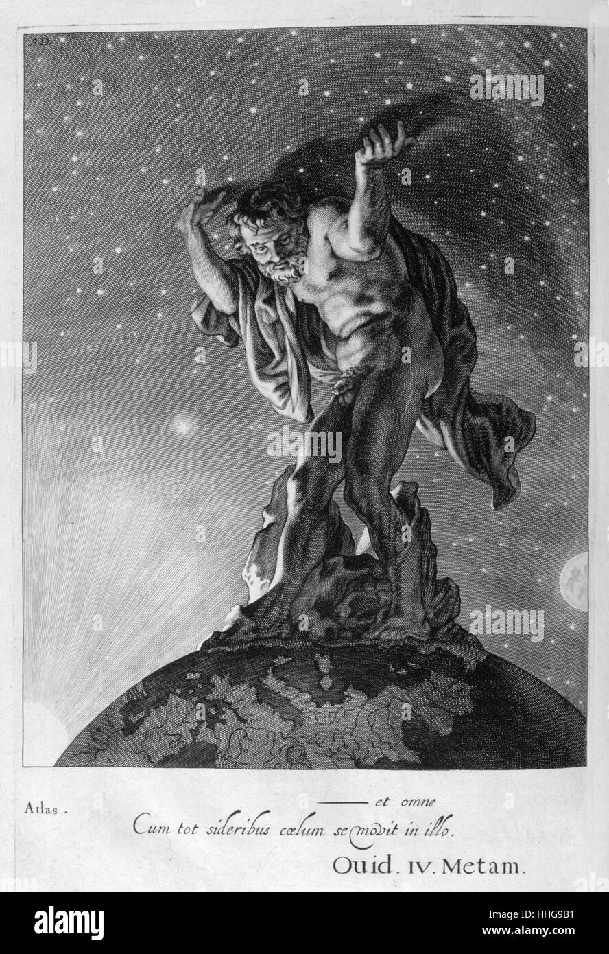 Atlas unterstützt den Himmel. Gravur, Jason und der Argonuats von 'Tableaux du Temple des muses" (1655) von Michel de Marolles (1600 - 1681), bekannt als der Abbé de Marolles; eine französische Kirchenmann und Übersetzer. Stockfoto