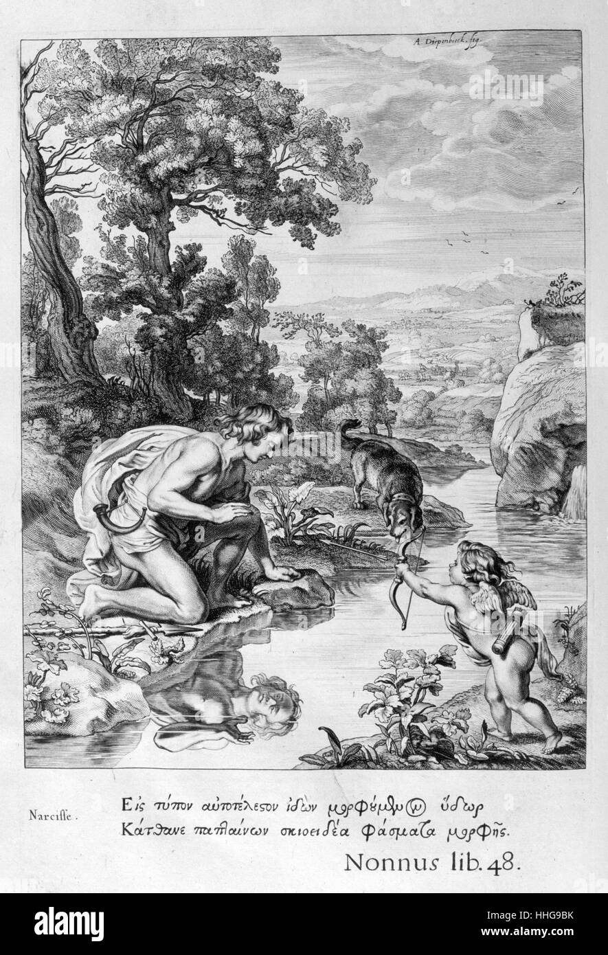 Narzisse. Gravur von "Tableaux du Temple des muses" (1655) von Michel de Marolles (1600 - 1681), bekannt als der Abbé de Marolles; eine französische Kirchenmann und Übersetzer. Stockfoto