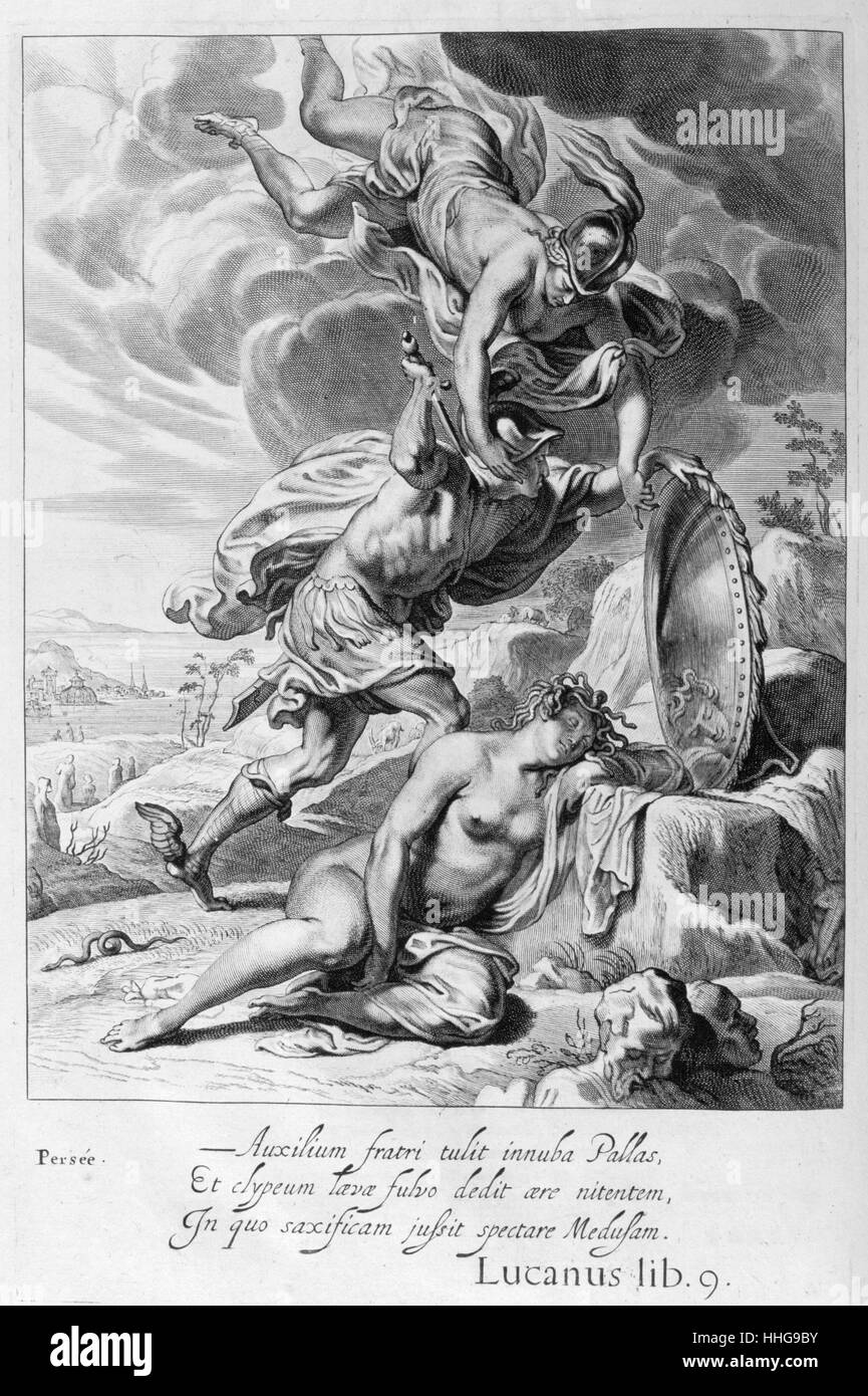 Perseus tötet die Medusa, Medusa. Gravur von "Tableaux du Temple des muses" (1655) von Michel de Marolles (1600 - 1681), bekannt als der Abbé de Marolles; eine französische Kirchenmann und Übersetzer. Stockfoto