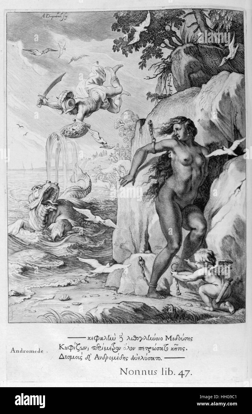 Perseus befreit Andromeda. Gravur von "Tableaux du Temple des muses" (1655) von Michel de Marolles (1600 - 1681), bekannt als der Abbé de Marolles; eine französische Kirchenmann und Übersetzer. Stockfoto