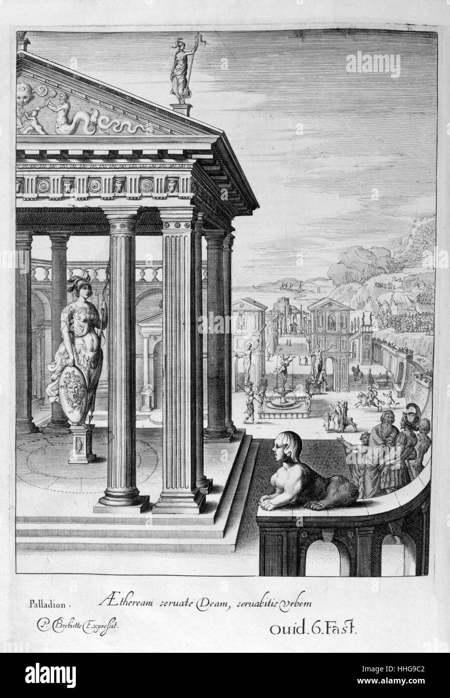 In der griechischen und römischen Mythologie, das Palladium oder Palladion war ein Kult Bild, auf dem die Sicherheit von Troy und später Rom gesagt wurde, die hölzerne Statue (Xoanon) der Pallas Athene, die Odysseus und Diomedes Stola aus Troja, später zu den künftigen Standort von Rom durch Aeneas berücksichtigt wurde. Gravur von "Tableaux du Temple des muses" (1655) von Michel de Marolles (1600 - 1681), bekannt als der Abbé de Marolles; eine französische Kirchenmann und Übersetzer. Stockfoto