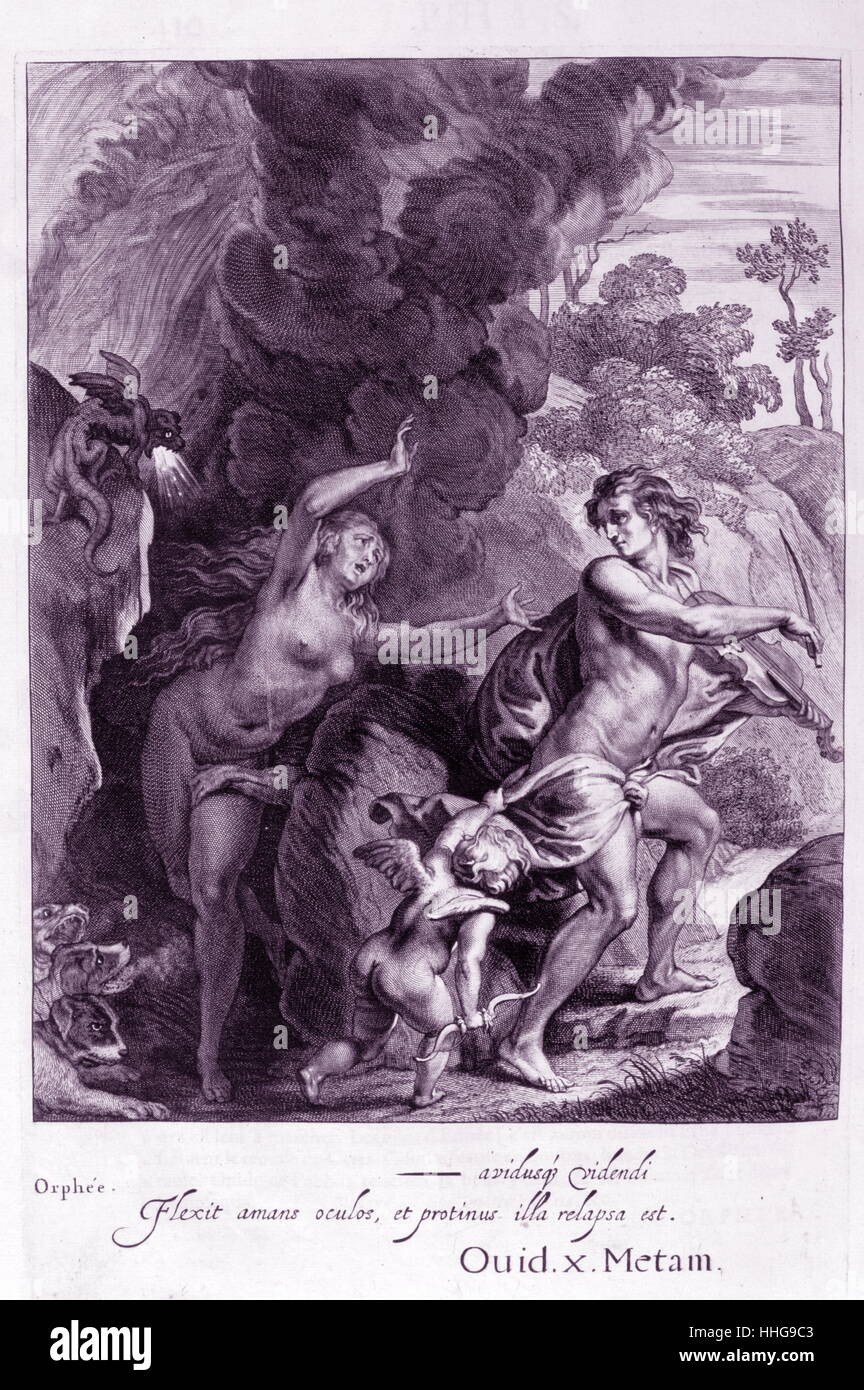 Legende von Orpheus und Eurydike. Gravur von "Tableaux du Temple des muses" (1655) von Michel de Marolles (1600 - 1681), bekannt als der Abbé de Marolles; eine französische Kirchenmann und Übersetzer. Stockfoto