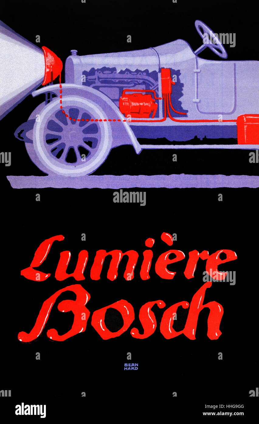 Werbeplakat für Bosch Beleuchtung zeigt ein Autoscheinwerfer 1913 Stockfoto