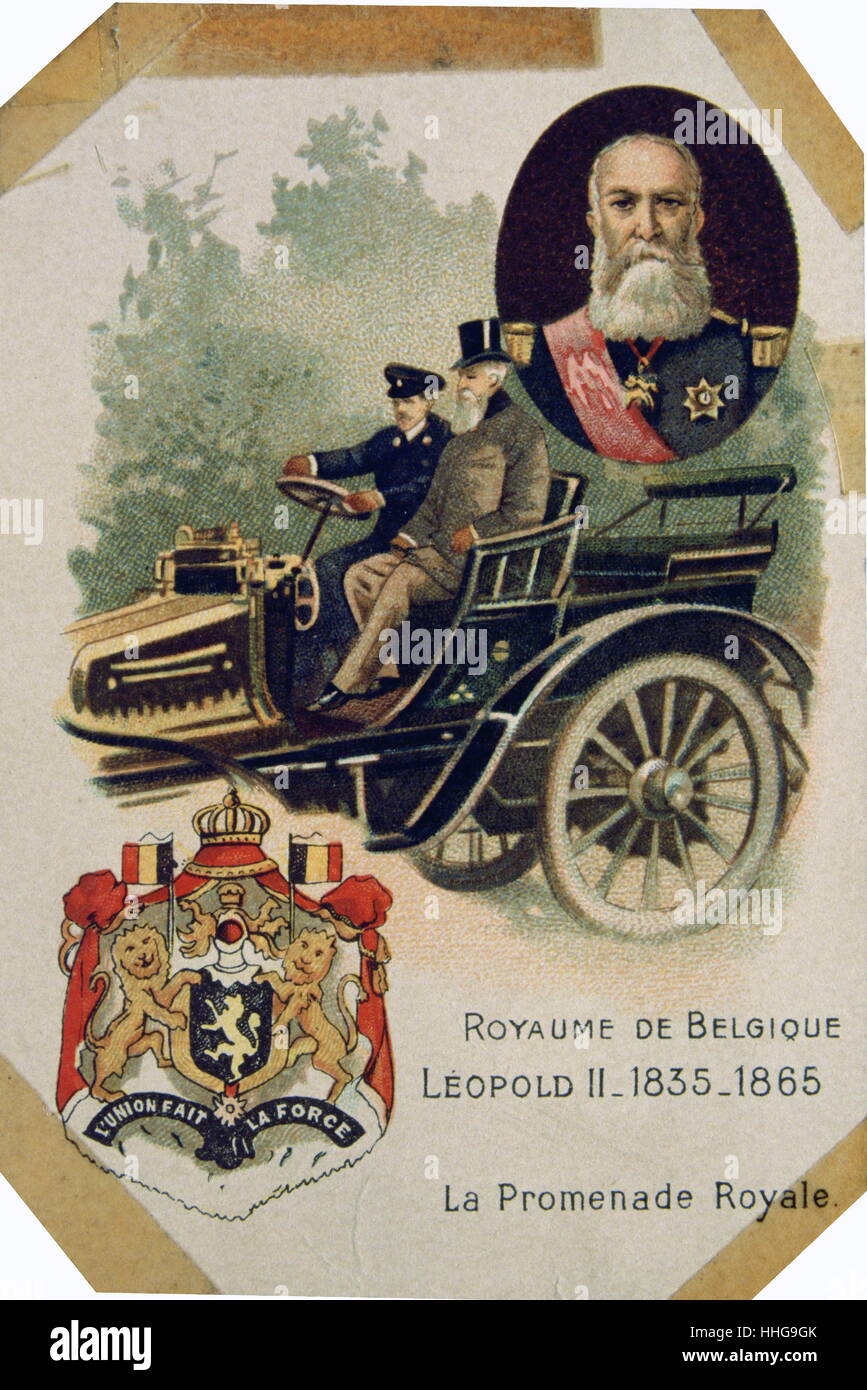König Leopold II. von Belgien in ein Auto. 1895. Leopold II (9. April 1835 bis 17. Dezember 1909) war der zweite König der Belgier, für die Gründung und die Nutzung der Freistaat Kongo als Private Venture bekannt. In Brüssel als der zweite (aber älteste Überlebende) Sohn von Leopold I. und Louise von Orléans, die er seinem Vater auf den Thron am 17. Dezember 1865 gelang es, Regierende für genau 44 Jahre bis zu seinem Tod geboren. Dies war die längste Regierungszeit der Belgischen Monarch. Stockfoto