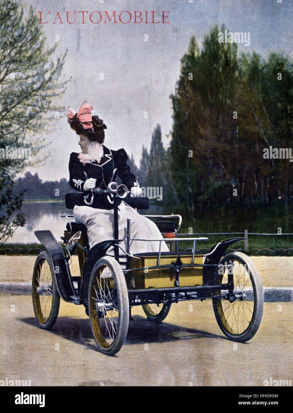 Ein 1899 Decauville Voiturelle Automobil angetrieben von einer Frau Stockfoto