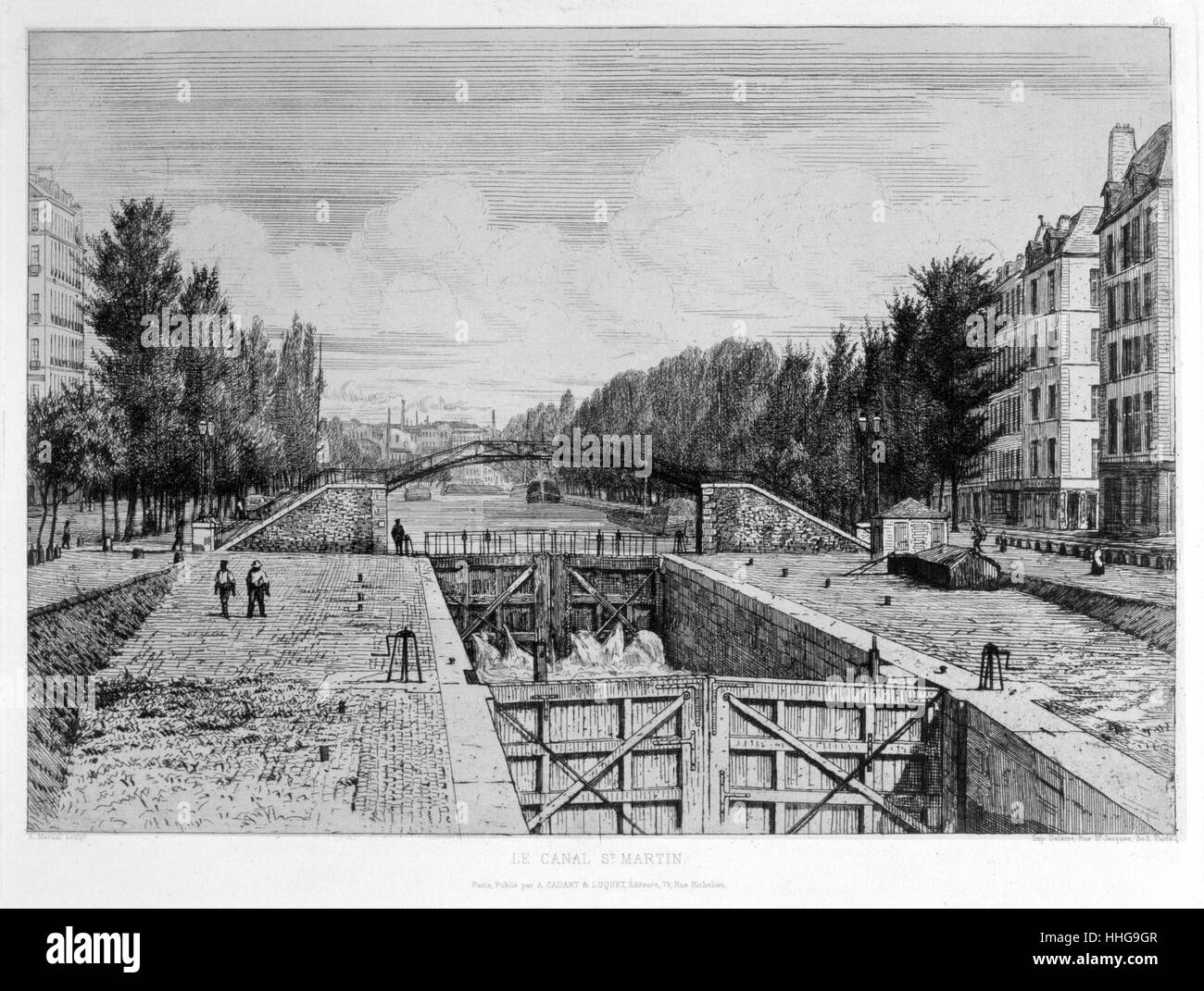 1880 Abbildung des Canal Saint-Martin ist ein 4. 5 Km langen Kanal in Paris. Es verbindet die Canal de l'Ourcq auf dem Fluss Seine und läuft U-Bahn zwischen Bastille (Paris Metro) und République (Pariser Métro). Stockfoto