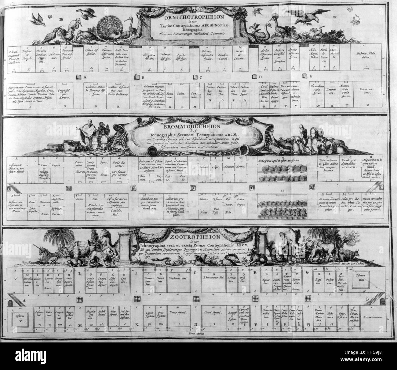 Verschiedene Arten von Arca Noe, (Bau der Arche), von Athanasius Kircher (1602-1680). Amsterdam 1675 veröffentlicht. Athanasius Kircher, ein Jesuit, war ein universalgelehrten und Jesuit. Die Arca Noë wurde auf streng katholischen Orthodoxie. Er den Zustand der Welt beschreibt vor und nach der Großen Flut, bezieht sich textlich die Aktionen von Noah, und geht zu den großen Längen die Arche selbst darzustellen. Stockfoto