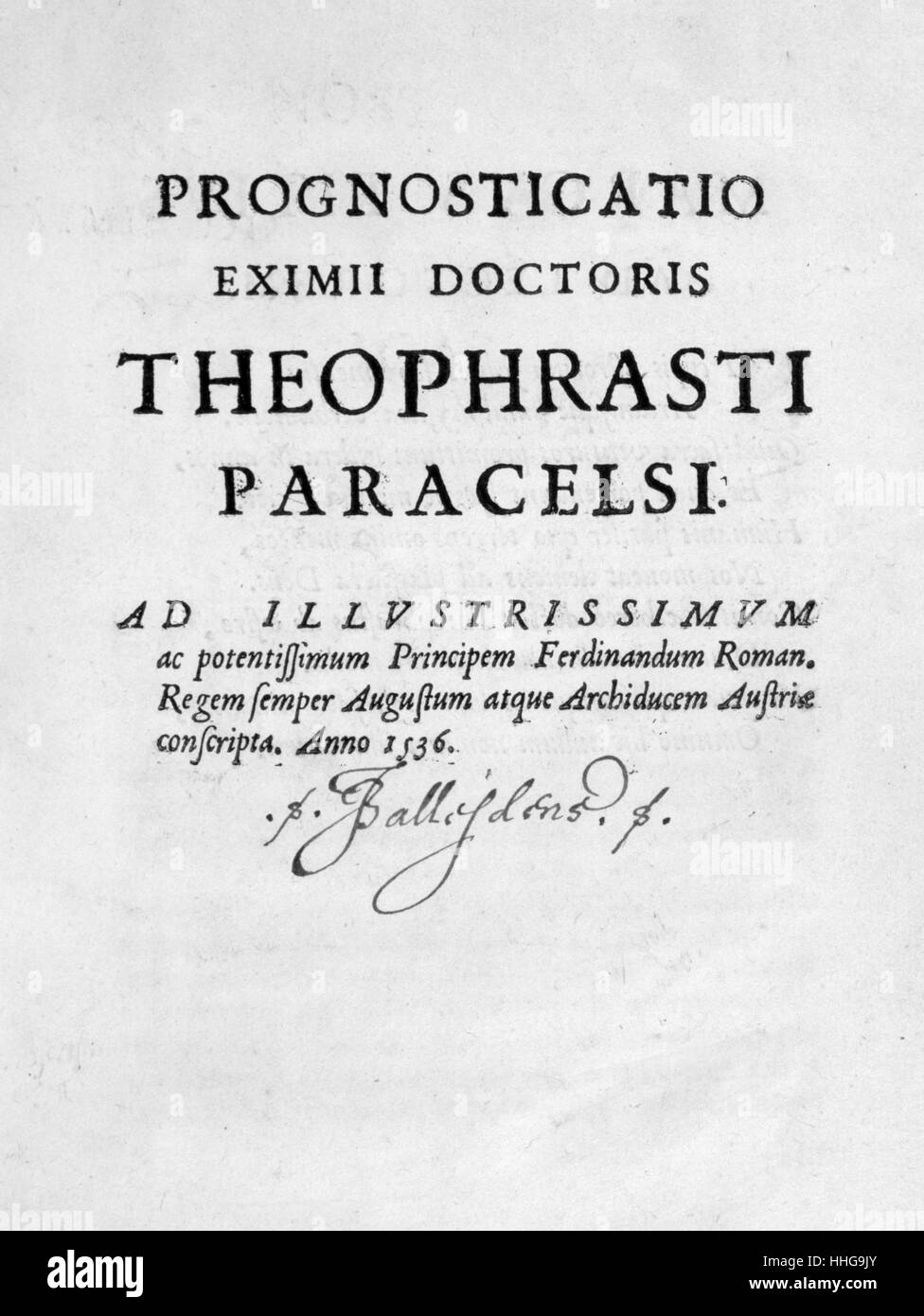 Titel von "Vorhersagen", 1536 von Paracelsus (1493-1541). Die Vorhersagen (Prophecies) von Paracelsus, sind sehr kryptisch, mit allegorischen Symbole gefüllt und in der Lage, für beliebige Zwecke umgedeutet wird. geboren Philippus Aureolus Theophrastus Bombastus von Hohenheim, war ein Schweizer deutsche Philosoph, Arzt, Botaniker, Astrologin. Stockfoto