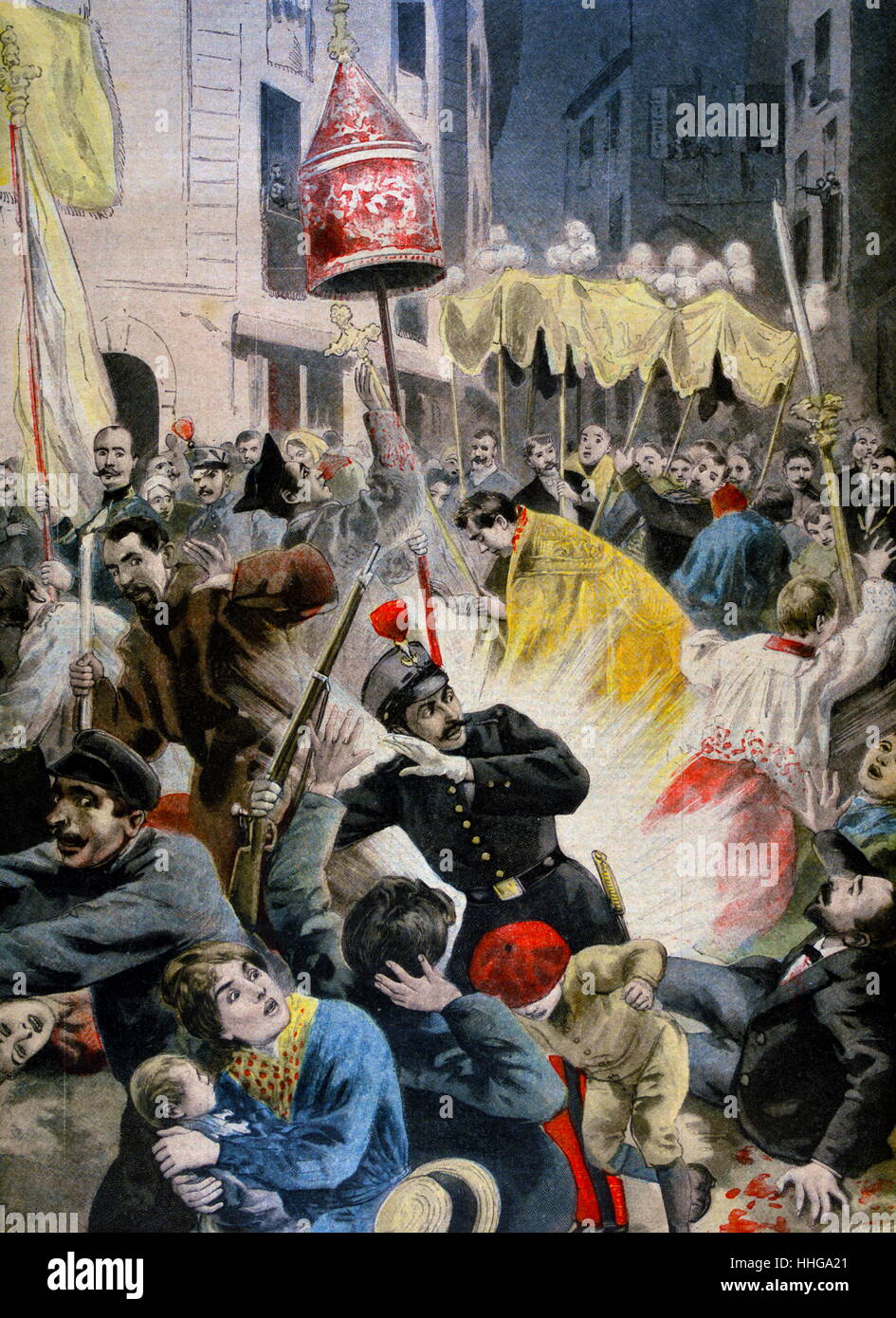 Eine Bombe in Barcelona, 7. Juni 1896, die von Anarchisten gepflanzt, explodierte mitten in eine religiöse Prozession in Cambios Nuevos, töten einen Drummer Corporal und mehrere umstehende Personen. Stockfoto