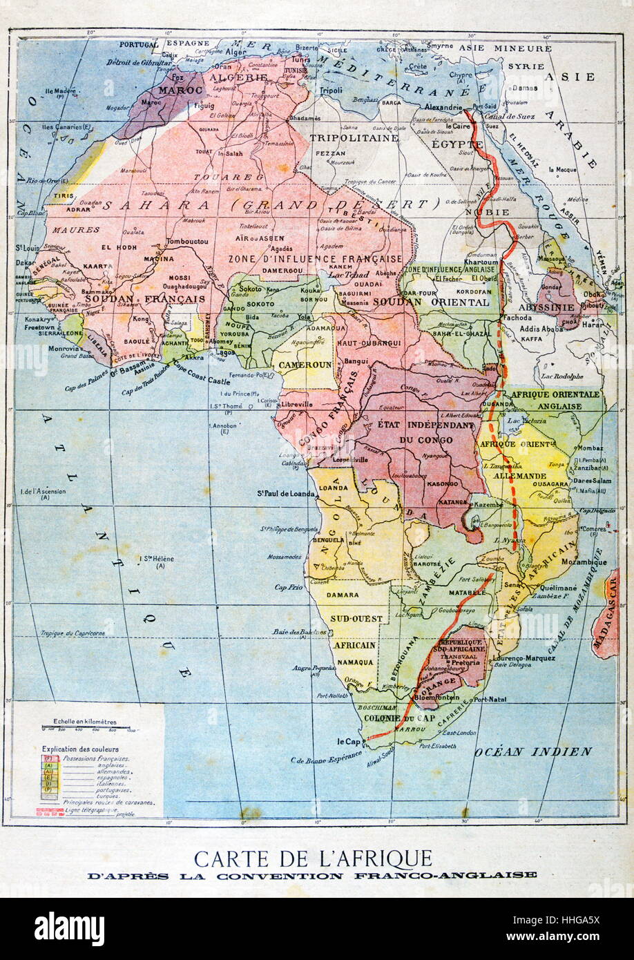 Französische Karte der Gebiete durch die Kolonialreiche in Afrika 1899 gesteuert Stockfoto