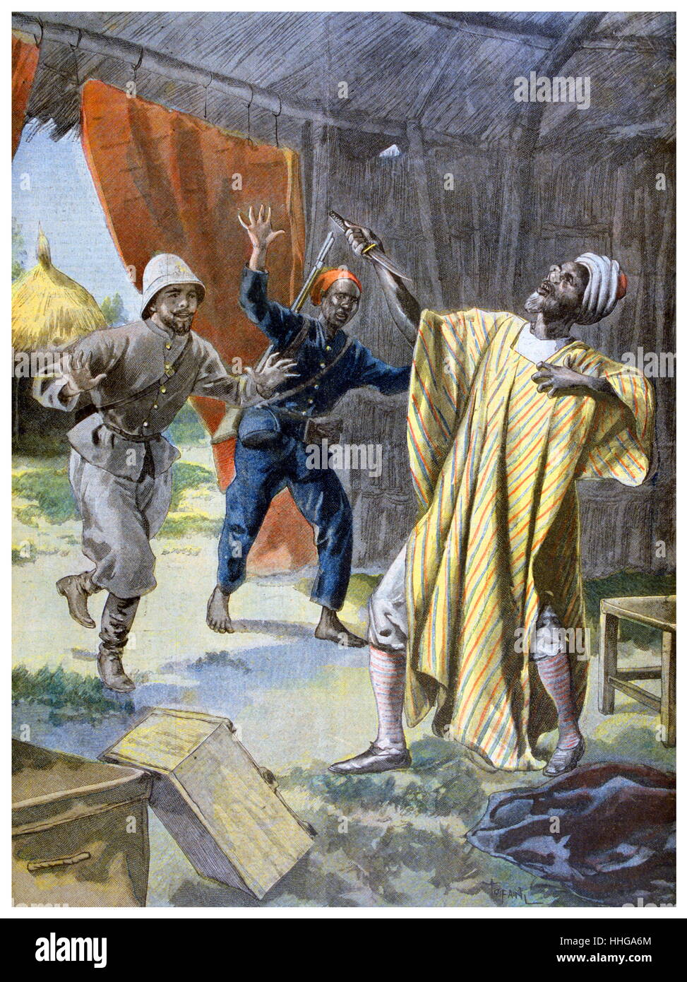 Suizidversuche in Gefangenschaft von Samori Touré, C. 1830-1900; einen guineischen muslimischen Kleriker, und der Gründer und Leiter der Wassoulou Reich, ein islamisches Reich, das war im heutigen südöstlichen Guinea. Toure widerstanden französischen Kolonialherrschaft in Westafrika von 1882 bis zu seiner Verhaftung im Jahr 1898. Ture starben in der Gefangenschaft am 2. Juni 1900, nach einem Zeitraum der Pneumonie. Sein Grab befindet sich im Mausoleum, Camayanne innerhalb der Gärten von Conakry Große Moschee. Stockfoto