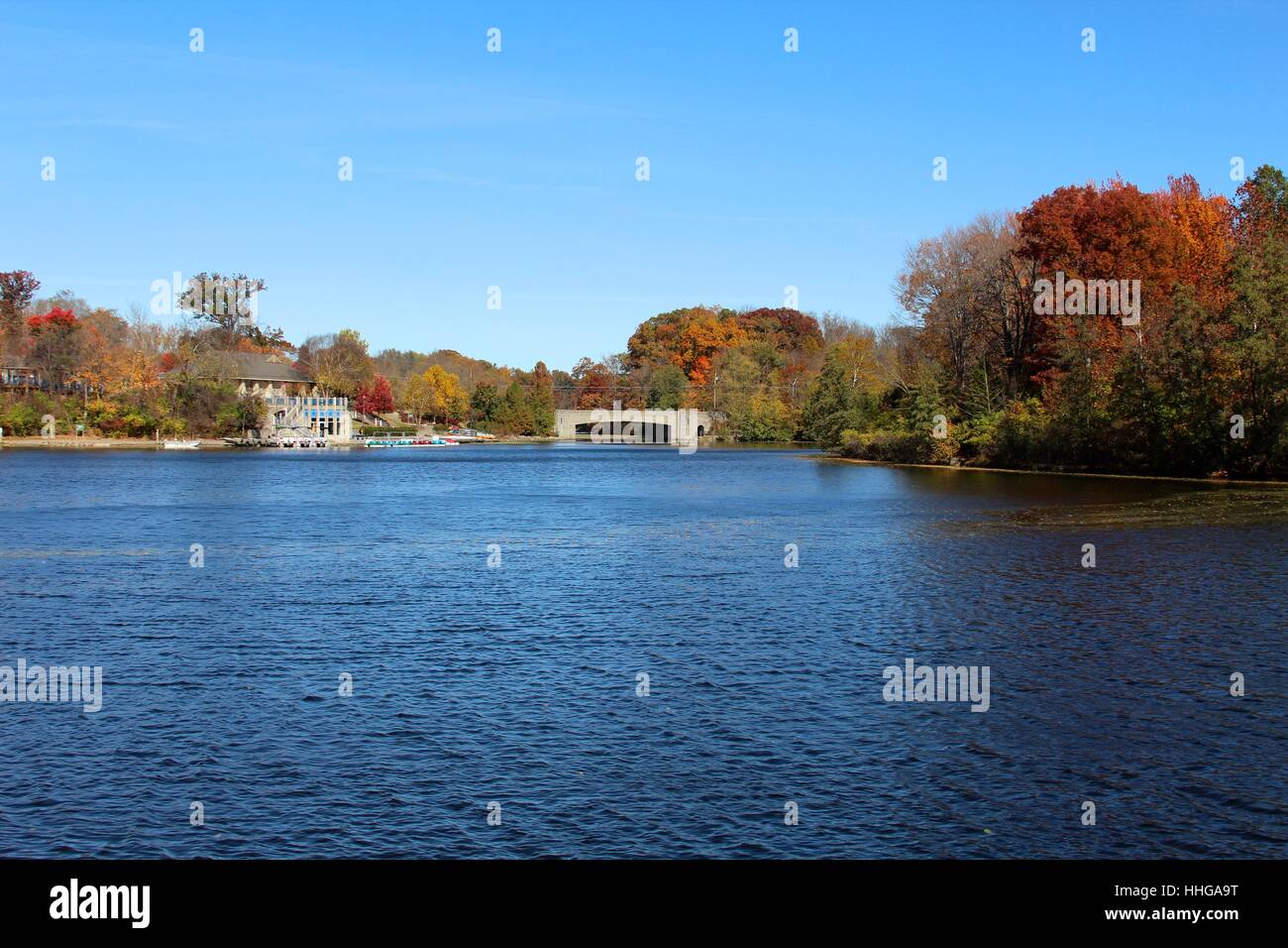 Dem Park-See mit den bunten Bäumen des Herbstes. Stockfoto