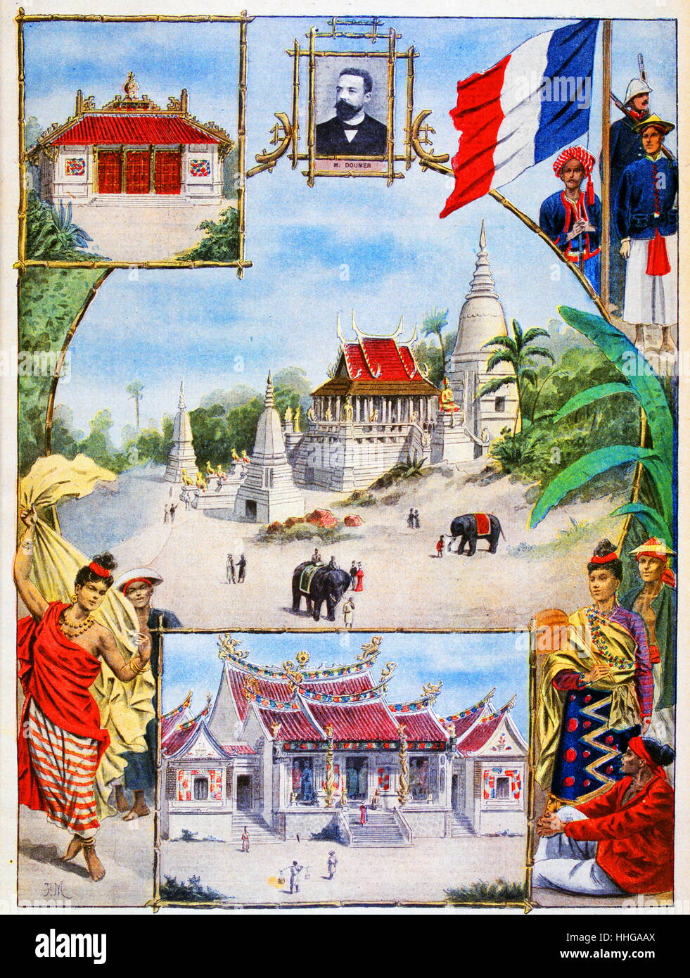 Abbildung: Französisch Indochina (Vietnam, Laos, Kambodscha) koloniale Pavillon mit einem Porträt von Paul Doumer, Generalgouverneur von Französisch Indochina von 1897 bis 1902. Inset; an der Exposition Universelle von 1900. Dies war eine Messe in Paris, Frankreich, statt, von 14. April bis 12. November 1900, die Errungenschaften des vergangenen Jahrhunderts zu feiern und Entwicklung in die nächste zu beschleunigen. Stockfoto