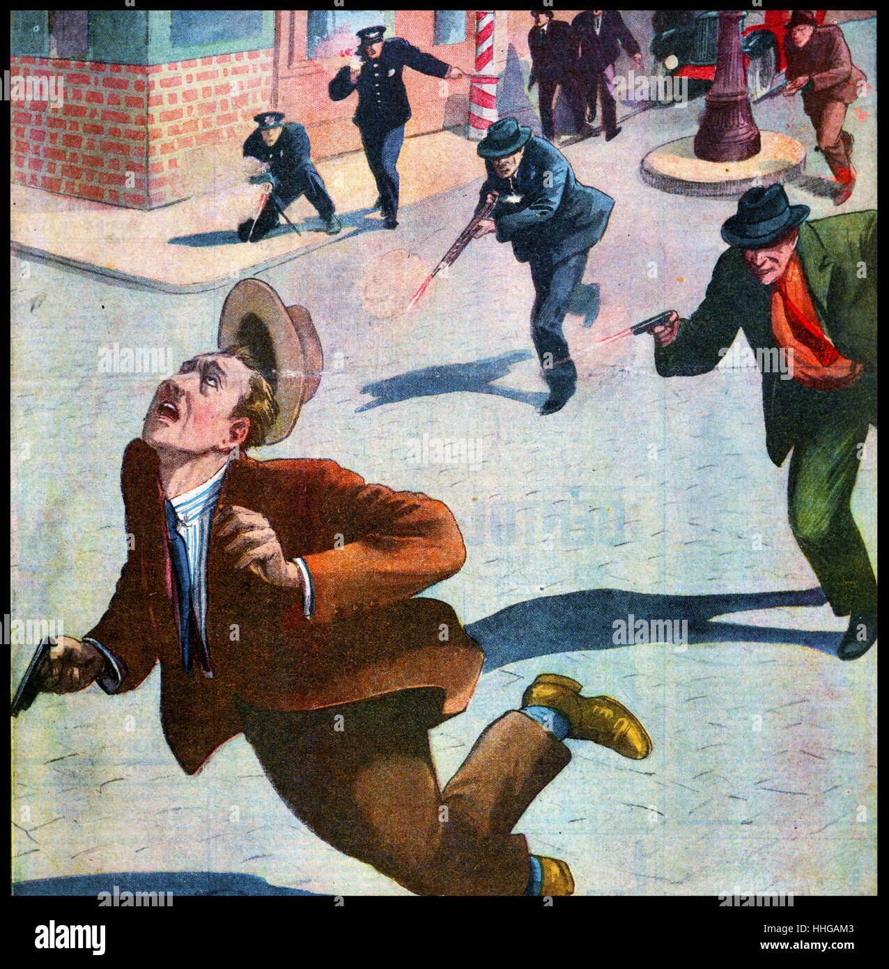 Französische Zeitschrift Darstellung der amerikanischen Polizei und FBI-Agenten jagen und schießen Mafia bewaffneten Stockfoto