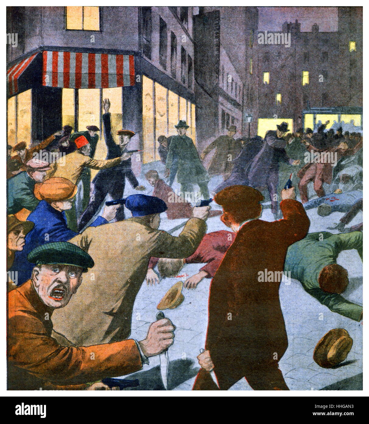Bewaffneten antikommunistischen Angriff in der rue Danremont, Paris, wo eine kommunistische Konferenz stattfand. FrontPage der französischen Zeitung "Le Petit Journal", Mai 1925 Stockfoto