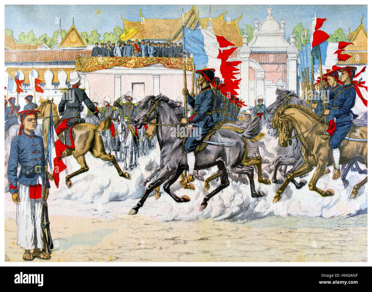 Französisch Darstellung französische Indo-chinesischen Truppen (Vietnamesisch) auf der Parade in Hue. 1903 Stockfoto