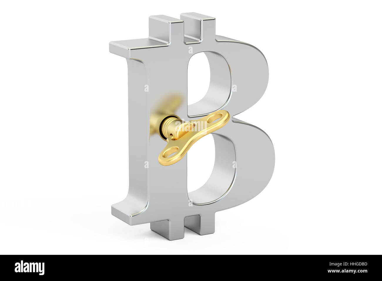 Stahl Bitcoin Symbol mit Aufzieh-Schlüssel, 3D rendering Stockfoto