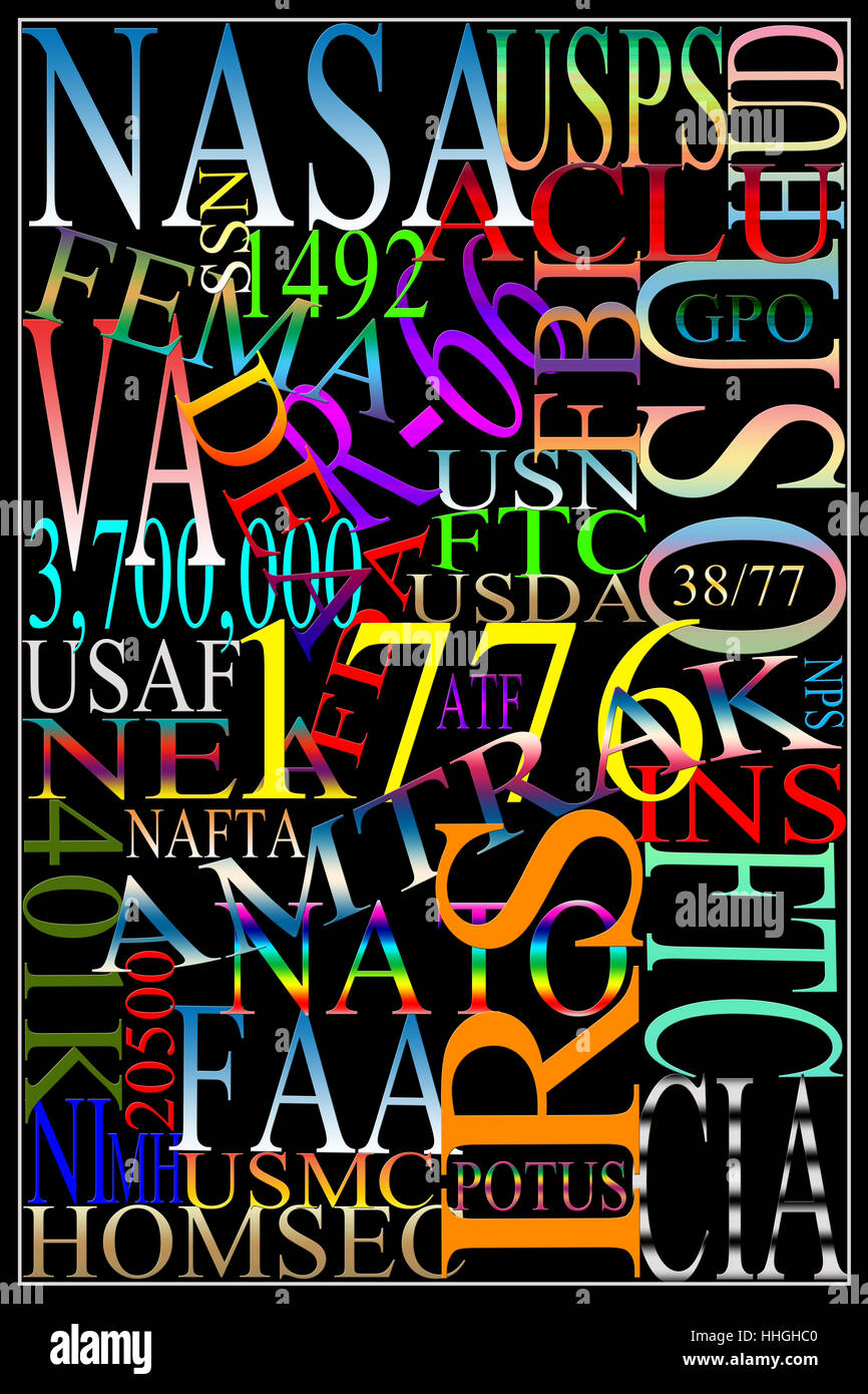 Vereinigten Staaten Akronyme. Pop-Art-Typographie der amerikanischen Abkürzungen und Symbole. Stockfoto