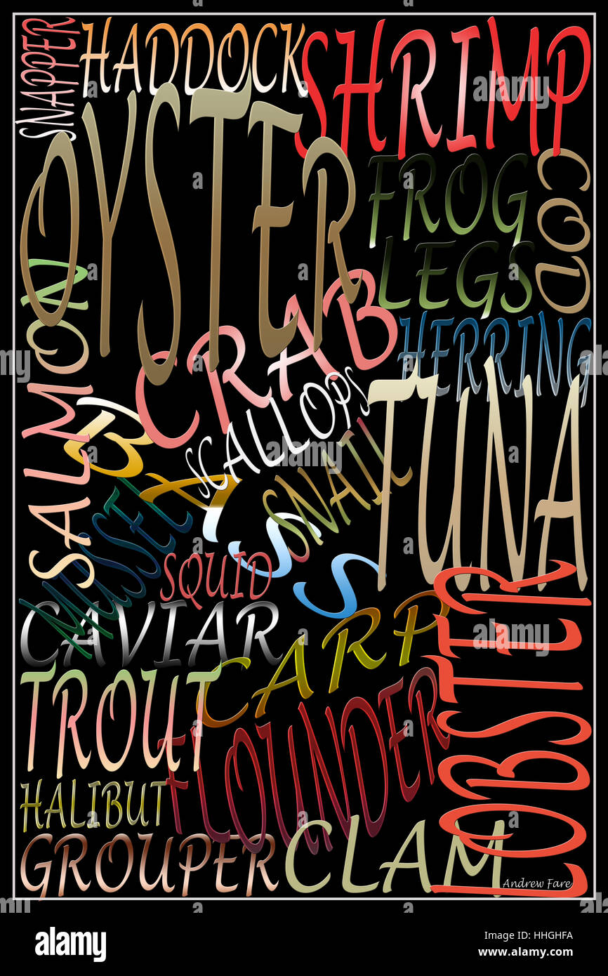 Wort-Kunst der Meeresfrüchte, Meeresfrüchte Typografie, Stockfoto