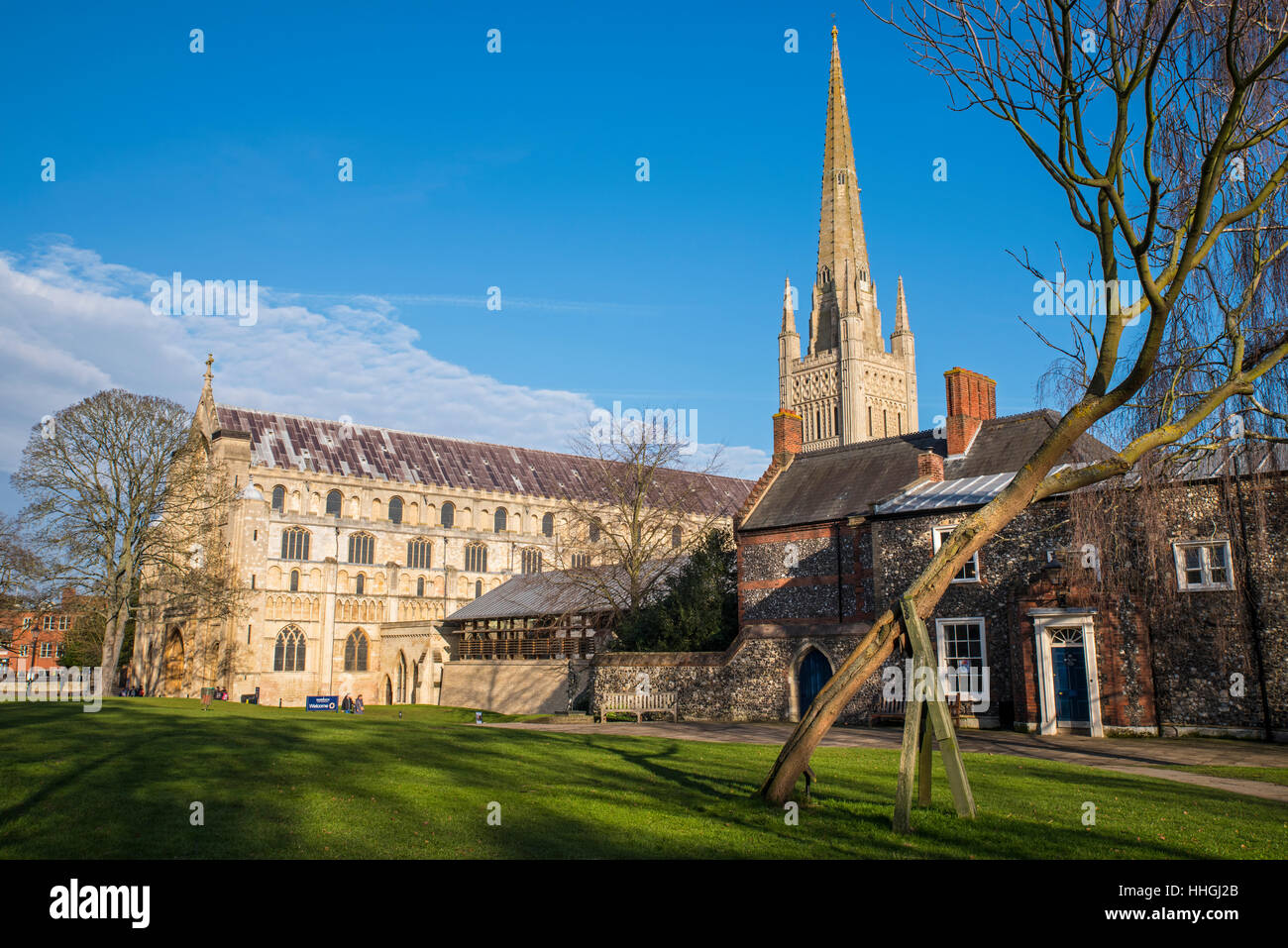 Ein Blick auf die prächtige Kathedrale von Norwich in der historischen Stadt Norwich, UK. Stockfoto