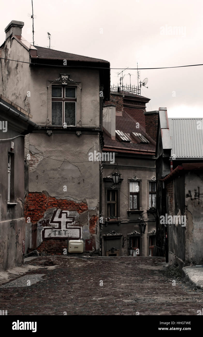 Häuser, Ort, Stadt, vier, Beton, Daub, Graffiti, Grafitti, Laterne, Dächer, Stockfoto