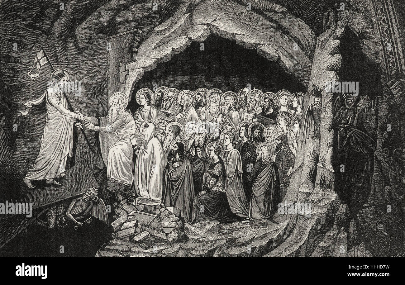 Jesus Christus, Abstieg in die Hölle, trägt mit ihm die Victorius Standard des Kreuzes und der Geist des Bösen unter den Füßen trampeln, die Mauer der Trennung von der Sünde aufgezogen auf den Boden fällt, und die Heiligen des alten Testaments sind frei Stockfoto