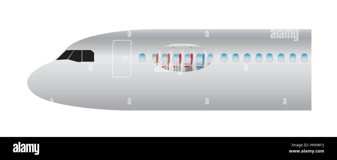 Außen und innen Flugzeug. Schwerpunkt der wirtschaftlichen Klasse Sitz Vektor-illustration Stock Vektor