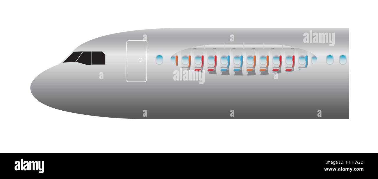 Außen und innen Flugzeug. Schwerpunkt der wirtschaftlichen Klasse Sitz Vektor-illustration Stock Vektor