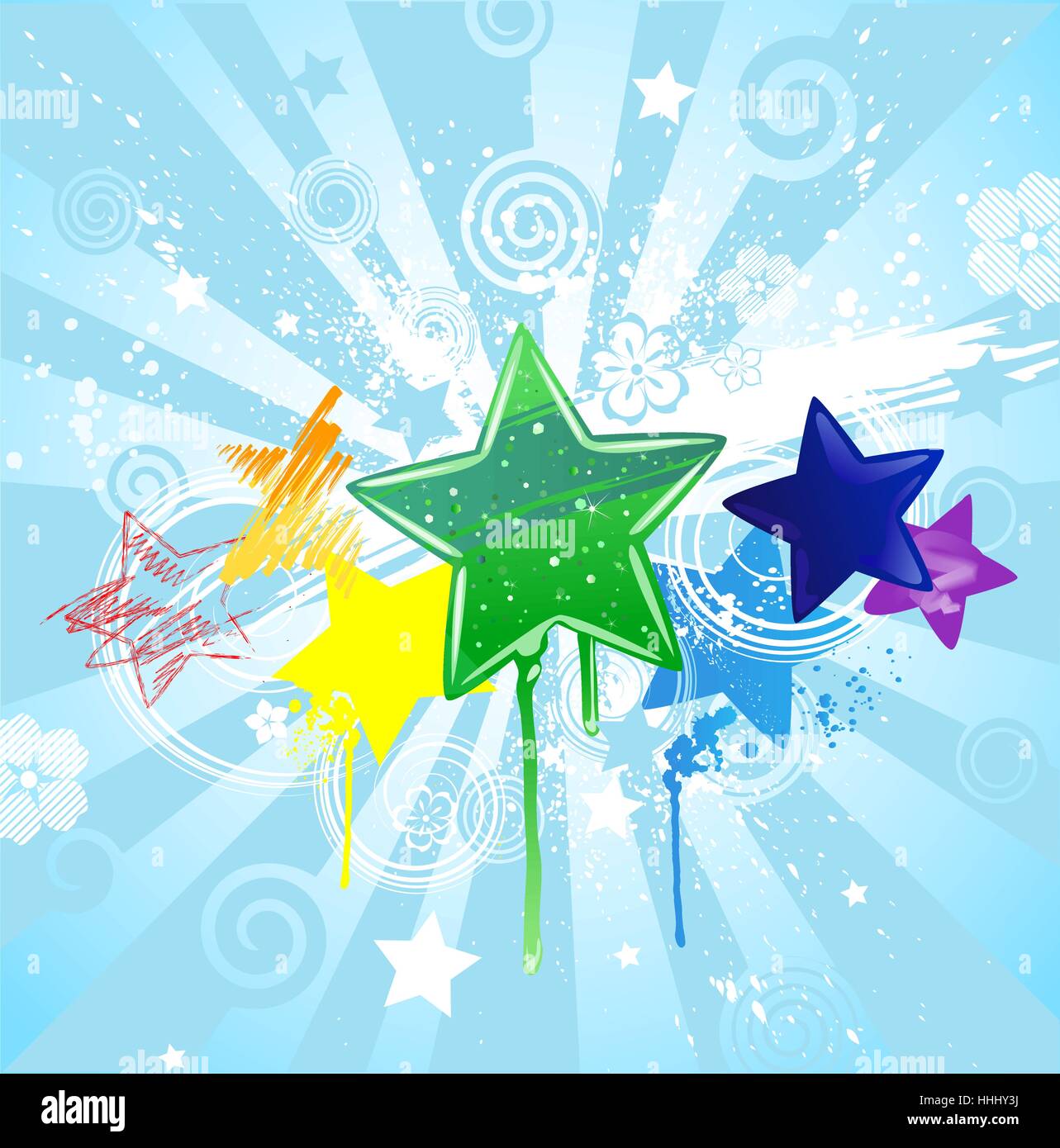 Sterne: rot, gelb, Orange, grün, blau und lila, achtlos verschiedene Farben gemalt: Gel, Aquarell, Pastell, strahlend in einem blauen Hintergrund. Stock Vektor