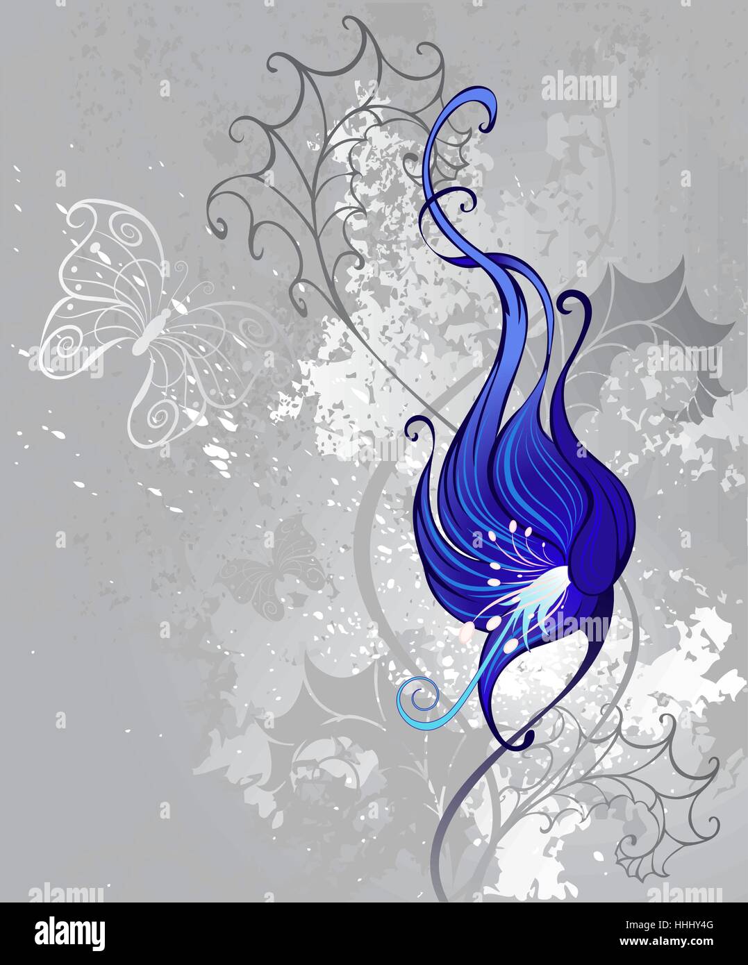 künstlerisch gezeichnet, seltsame blaue Blume auf einem grauen strukturierten Hintergrund. Stock Vektor
