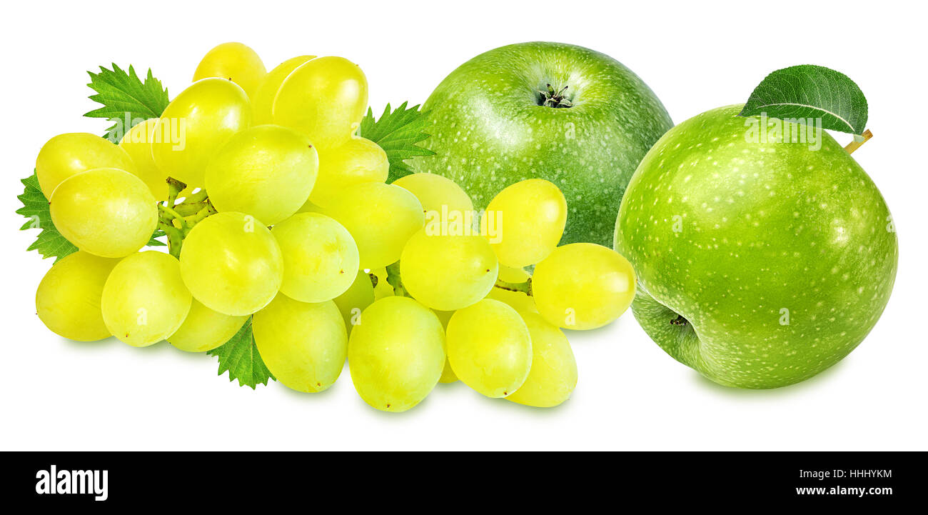 Äpfel und Trauben isoliert auf weißem, Nahaufnahme Stockfoto