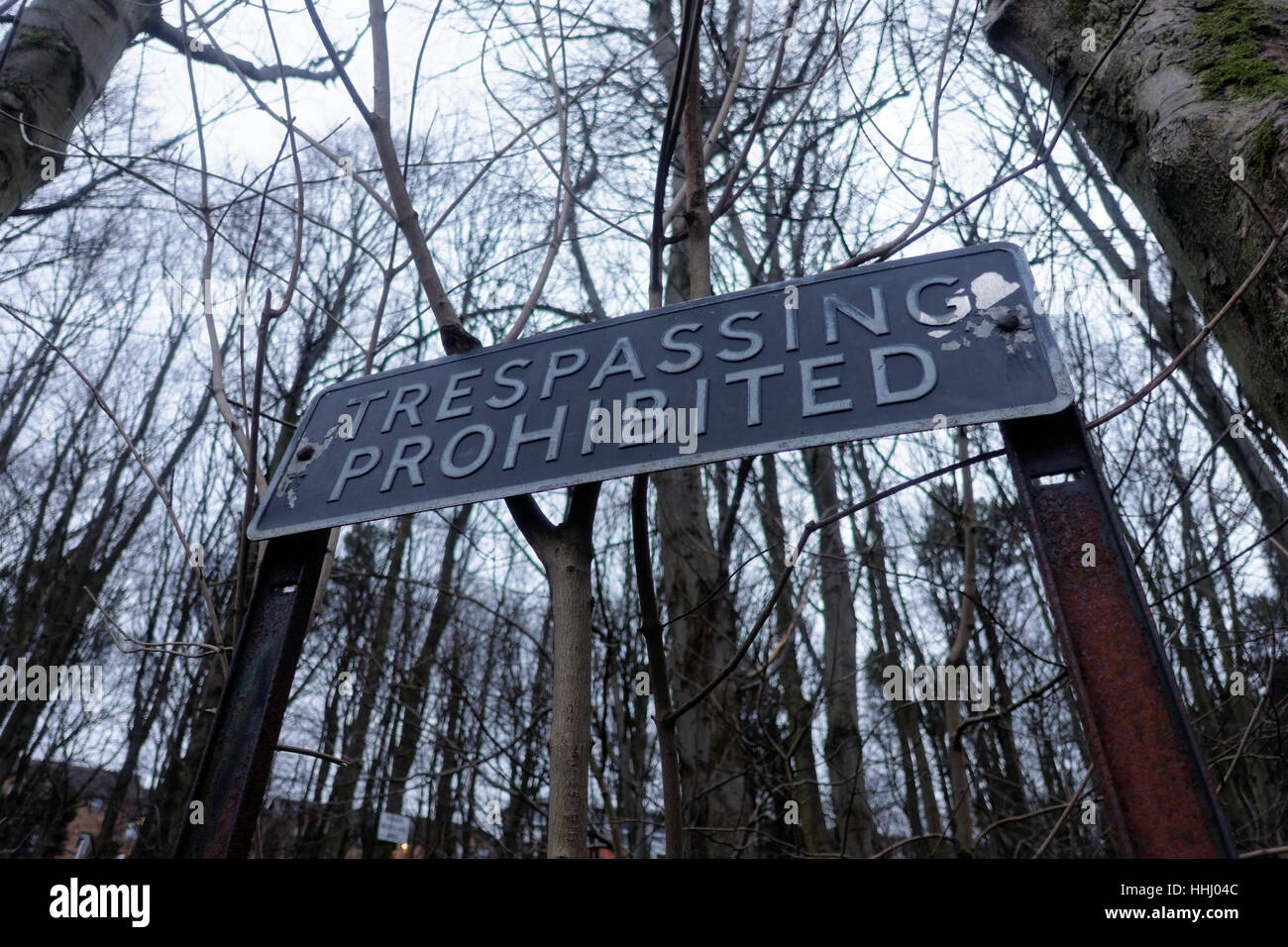 Hausfriedensbruch verboten Zeichen im Wald Stockfoto