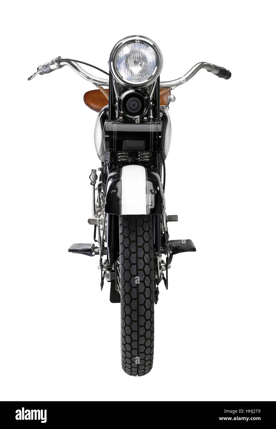 frontale Aufnahme eines Motorrads in weißem Rücken Stockfoto